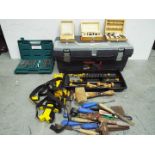 B & Q Toolbox with various Wood working tools. Drill bits, Chisels, Etc.