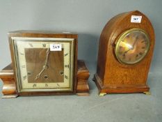 Two mantel clocks comprising a lancet top example with Roman numerals to the dial,