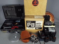 Lot to include cameras, binoculars, a Bolex Paillard M8 projector (boxed),