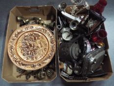 Two boxes containing a large collection of plated ware, brass ware,