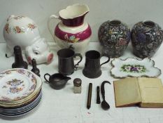 A mixed lot to include ceramics, pewter ware, silver topped,