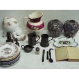 A mixed lot to include ceramics, pewter ware, silver topped,