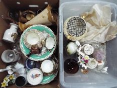 A mixed lot to include ceramics, glassware, treen, vintage linen and similar, two boxes.