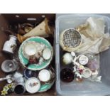 A mixed lot to include ceramics, glassware, treen, vintage linen and similar, two boxes.