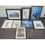 A collection of framed pictures to include prints, etching, watercolour, varying image sizes.