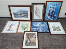 A collection of framed pictures to include prints, etching, watercolour, varying image sizes.