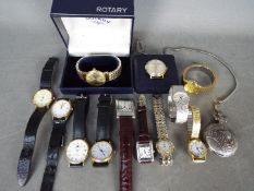 A collection of wristwatches and a pocket watch to include Sekonda, Rotary and similar.