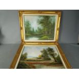 Two framed oil on canvas landscape scenes, the first depicting a cottage in a rural setting,