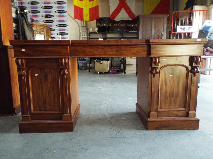 A substantial pedestal desk measuring 92 cm (h) x 183 cm (w) x 59 cm (d) the kneehole flanked by - Image 4 of 11