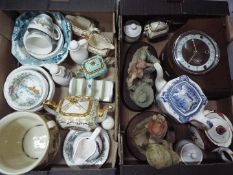 A quantity of mixed ceramics and a Bentima mantel clock, two boxes.