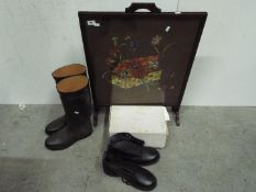 A vintage fire screen with embroidered decoration a pair of size 9 'Hunter' wellington boots and a