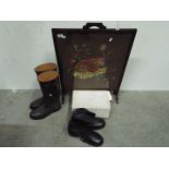 A vintage fire screen with embroidered decoration a pair of size 9 'Hunter' wellington boots and a