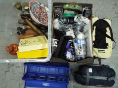 Lot to include metalware, ceramics, sports equipment, sleeping bag and similar, two boxes.