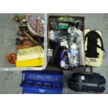 Lot to include metalware, ceramics, sports equipment, sleeping bag and similar, two boxes.