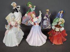 Royal Doulton - Seven lady figurines to include Autumn Breeze, June, Top O' The Hill, Nicola,