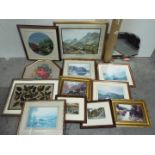 A collection of framed prints, needlework pictures, a wall mirror and maps.