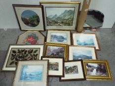 A collection of framed prints, needlework pictures, a wall mirror and maps.