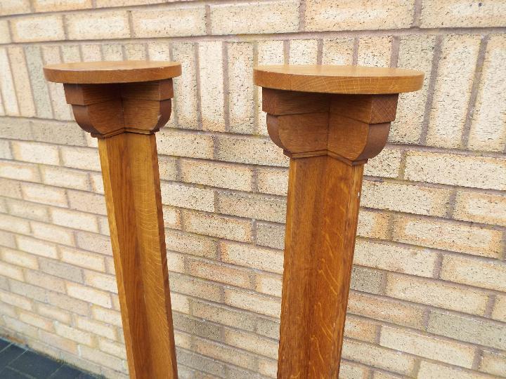 A pair of Gothic revival light oak Arts and Crafts style Torcheres, approx 121. - Image 2 of 5