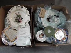 Two boxes of collector plates including Royal Creamware examples.