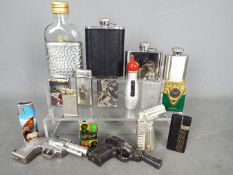 A collection of cigarette lighters and hip flasks.