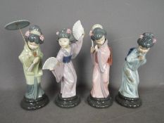 Lladro - A set of four Lladro geisha figurines comprising # 4988 Oriental Spring, # 4989 Sayonara,