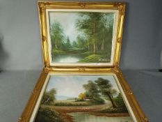 Two framed oil on canvas landscape scene