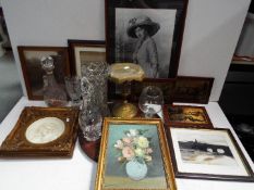 A mixed lot to include glassware, metalware, pictures including an oil on canvas still life,