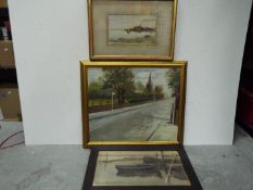 Three Original Paintings = W.G. Button, W Langan 1977 and one unknown artist scene of boats.