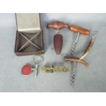 Lot to include a 19th century brass, rocker type, sovereign scale or balance, corkscrews,