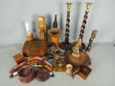A collection of treen, tribal carvings, inlaid box and similar.