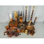 A collection of treen, tribal carvings, inlaid box and similar.