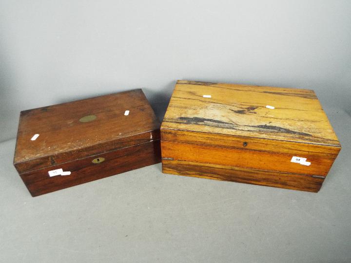 Two correspondence boxes / lap desks with fitted interiors,