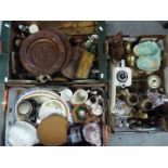 A mixed lot to include ceramics, glassware, metalware, treen and similar, three boxes.