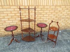 A what not, cake stand and two small occasional tables.