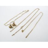 A 9ct gold bracelet, 17 cm (l), two necklaces stamped 9k, longest 50 cm (l) and two yellow metal,