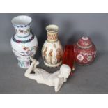 Lot to include a Dance Of The Celestial Dragon vase, Murano glass faceted block vase,