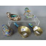 A mixed Asian lot to include a pair of cloisonne duck figurines,