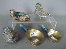 A mixed Asian lot to include a pair of cloisonne duck figurines,