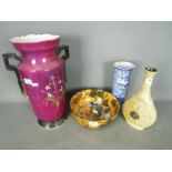 Lot to include a Woods Chung pattern cylindrical vase, a Laugharne Pottery vase,