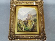 Continental School (19th century), oil on tin panel depicting a group traversing a mountain path,