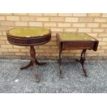 Two leather topped side tables on castored supports, largest approximately 61 cm (h) x 51 cm (d).