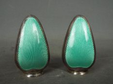 A pair of Frigast Denmark, silver and guilloche enamel salt and pepper pots, approximately 5.