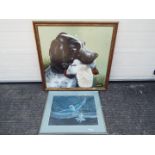 J Booth - A large oil on board depicting a Spaniel with a bird, signed lower right, framed,