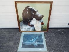 J Booth - A large oil on board depicting a Spaniel with a bird, signed lower right, framed,