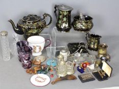 A mixed lot to include ceramics, glassware, silver topped sugar caster, plated ware,