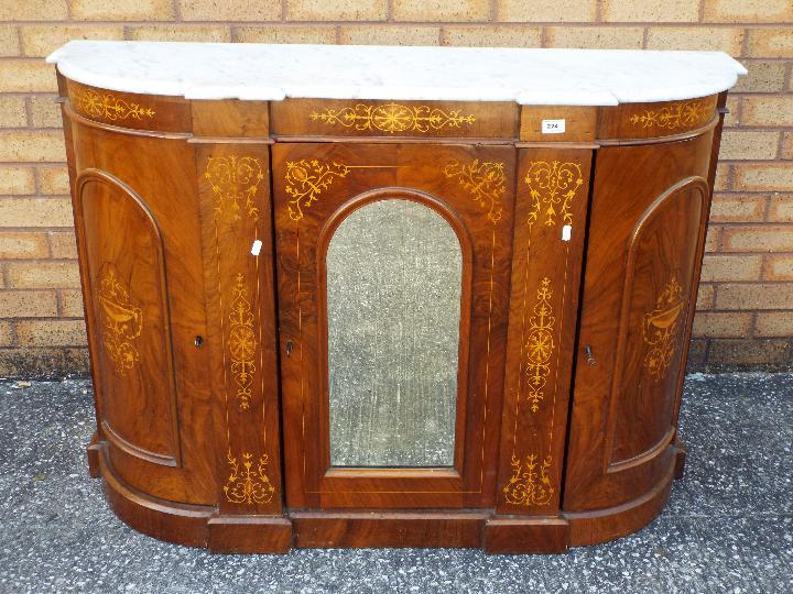 A marble topped credenza with inlaid decoration, approximately 86 cm x 120 cm x 36 cm.