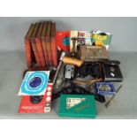 Lot to include books, binoculars, telescope, metalware, vintage cash box and similar.