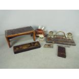 A mixed lot of collectables to include a desk tidy with two glass wells,