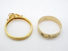 A stone set wedding band stamped 9ct, size R (slightly misshapen) and a 9ct gold sovereign mount,