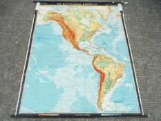 A vintage German school room map depicting the American continents, approximately 200 cm x 163 cm.
